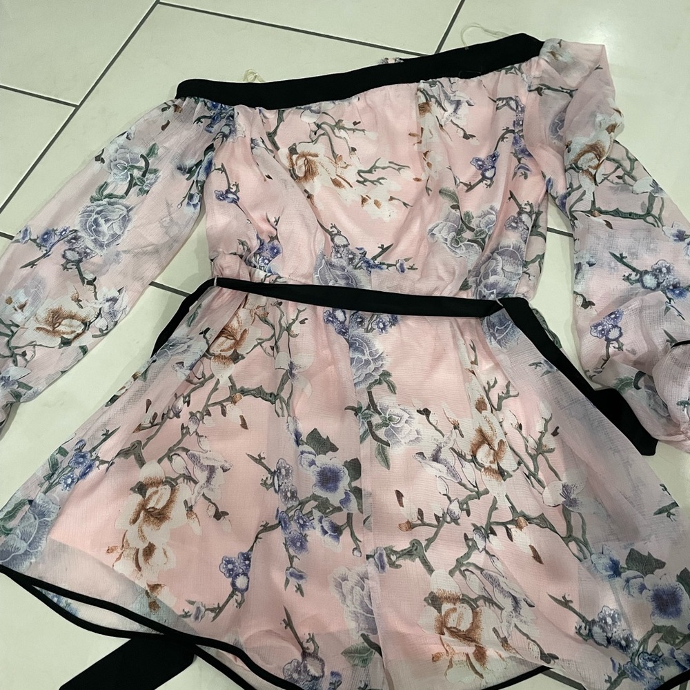Pink floral off the shoulder playsuit with black detailing - Picture 1 of 9